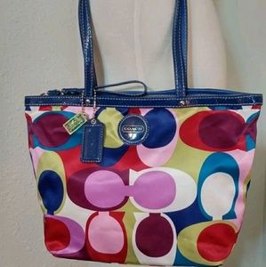 Coach Signature Multi Colored Scarf Print Tote Bag